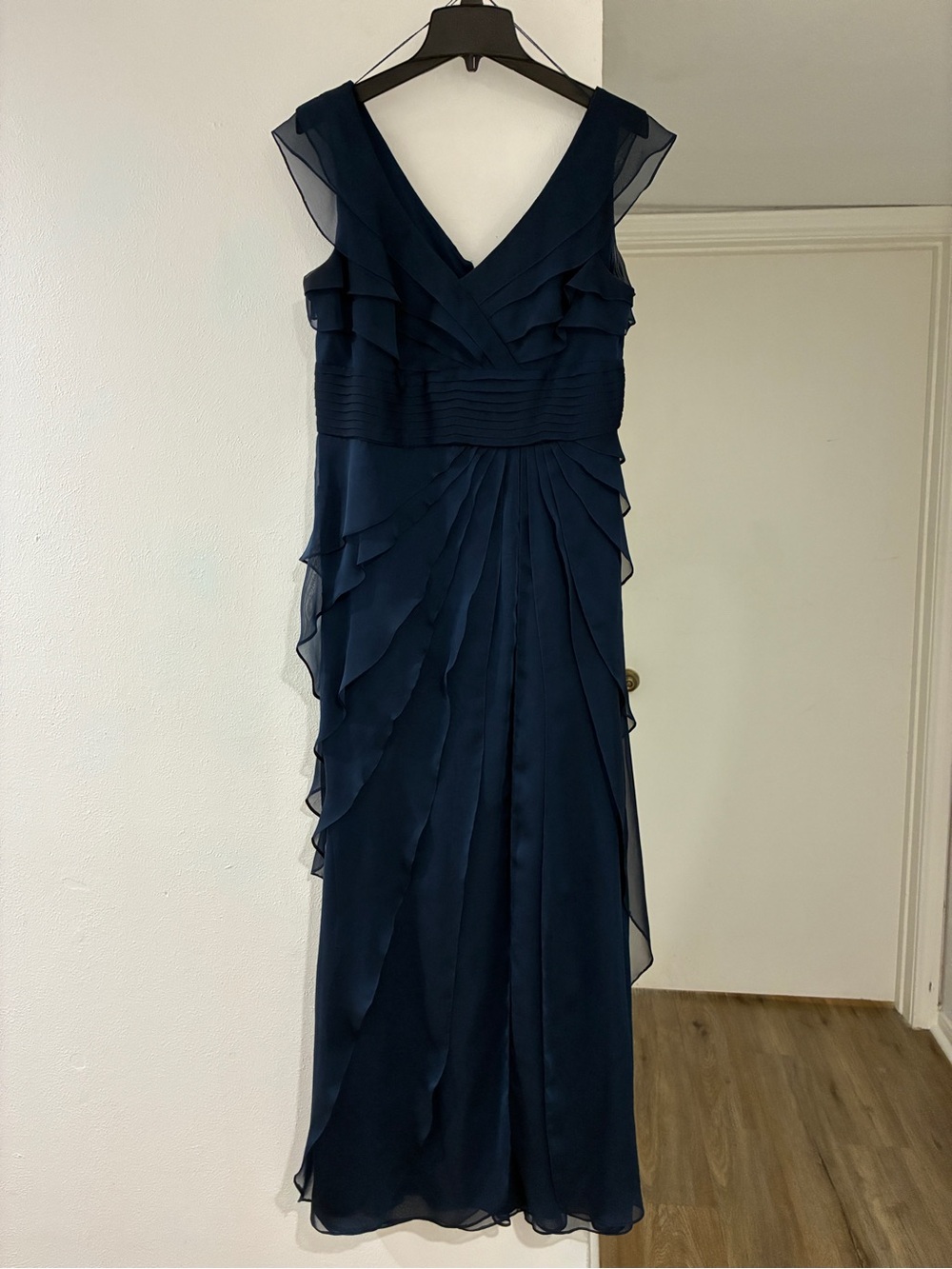 Adrianna Papell Navy Layered Ruffle V-Neck Maxi Dress